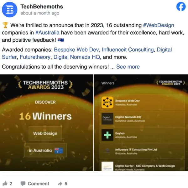 Bespoke Web Dev awarded winner by TechBehemoths in a Facebook post