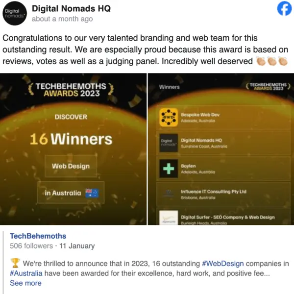 Other businesses awarded winner by TechBehemoths in a Facebook post